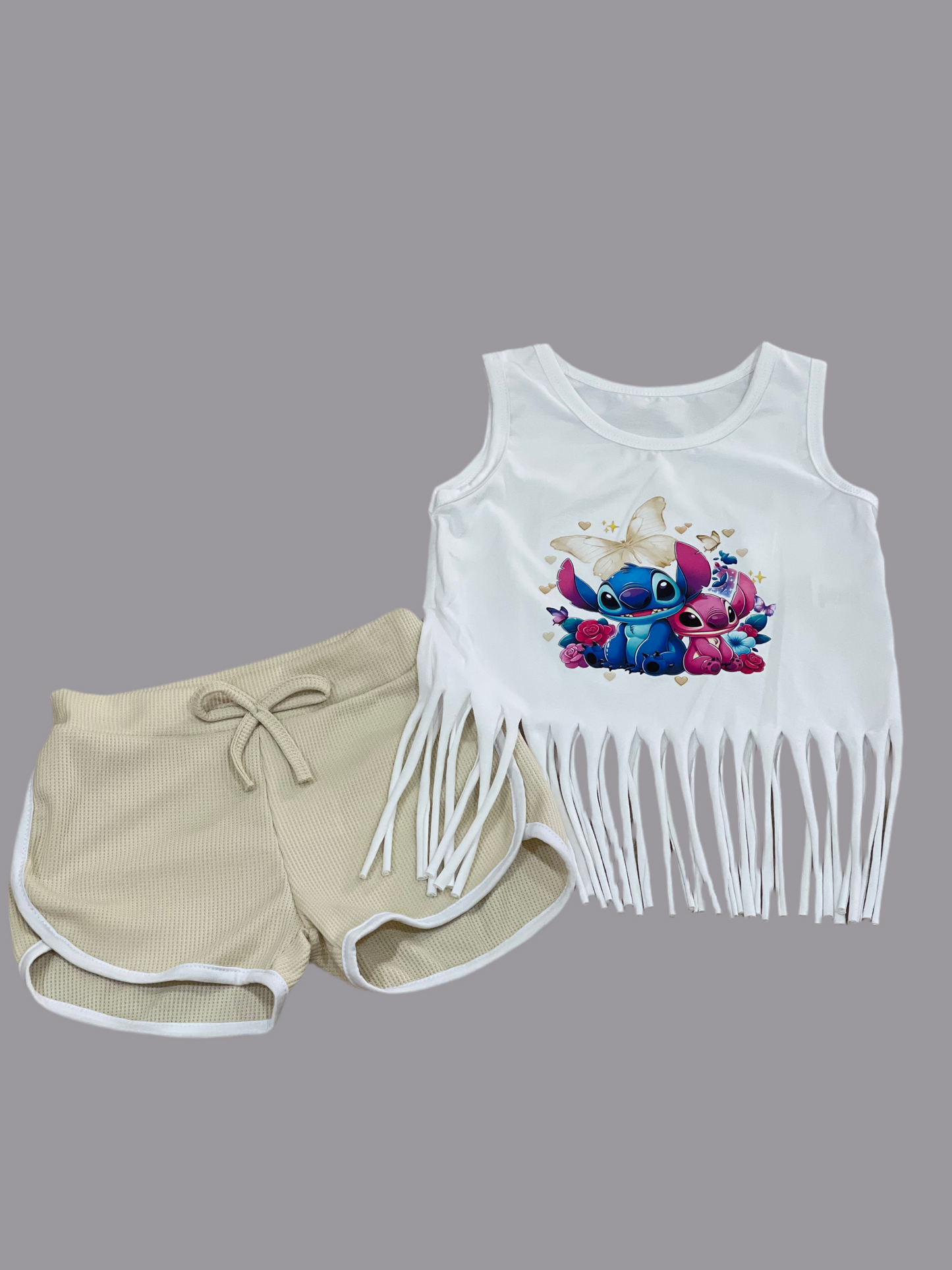 Conjunto niña con camisa con flecos y short en beige - Pronta Moda