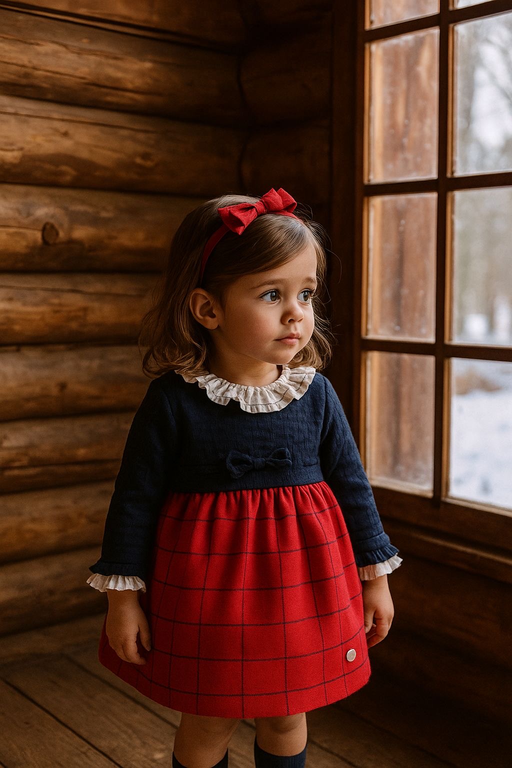 Vestido bebé, cuerpo en punto azul marino y falda cuadros- Basmarti invierno 2022