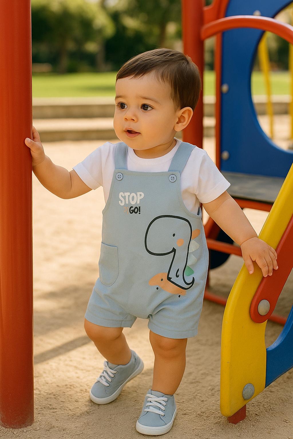Camiseta y Peto bebé en azul con dino - Yatsi
