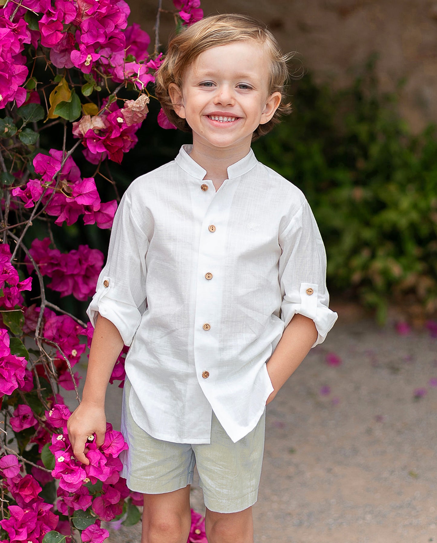 Conjunto niño, camisa y bermuda en verde suave - Coco Acqua colección 2025