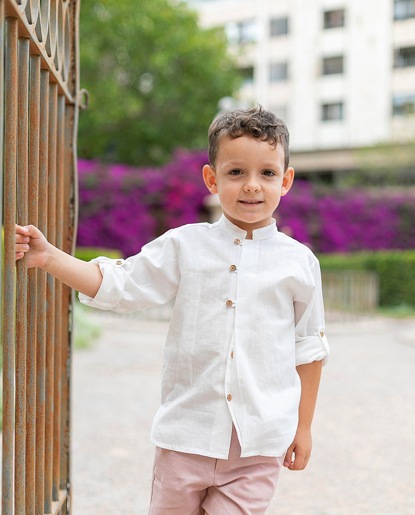 Conjunto niño, camisa y bermuda en rosa empolvado - Coco Acqua colección 2025