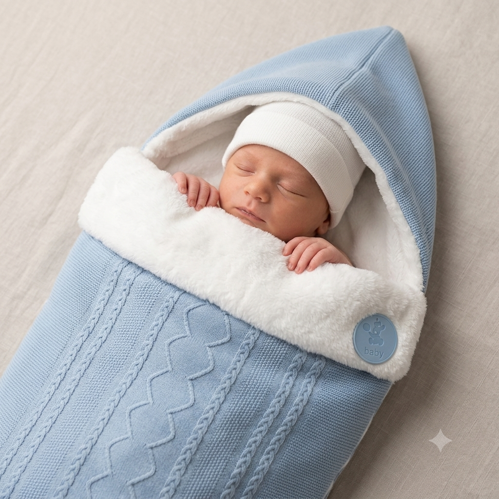 Saco bebe de Punto con Capucha y Forro de Pelo en azul claro azafata