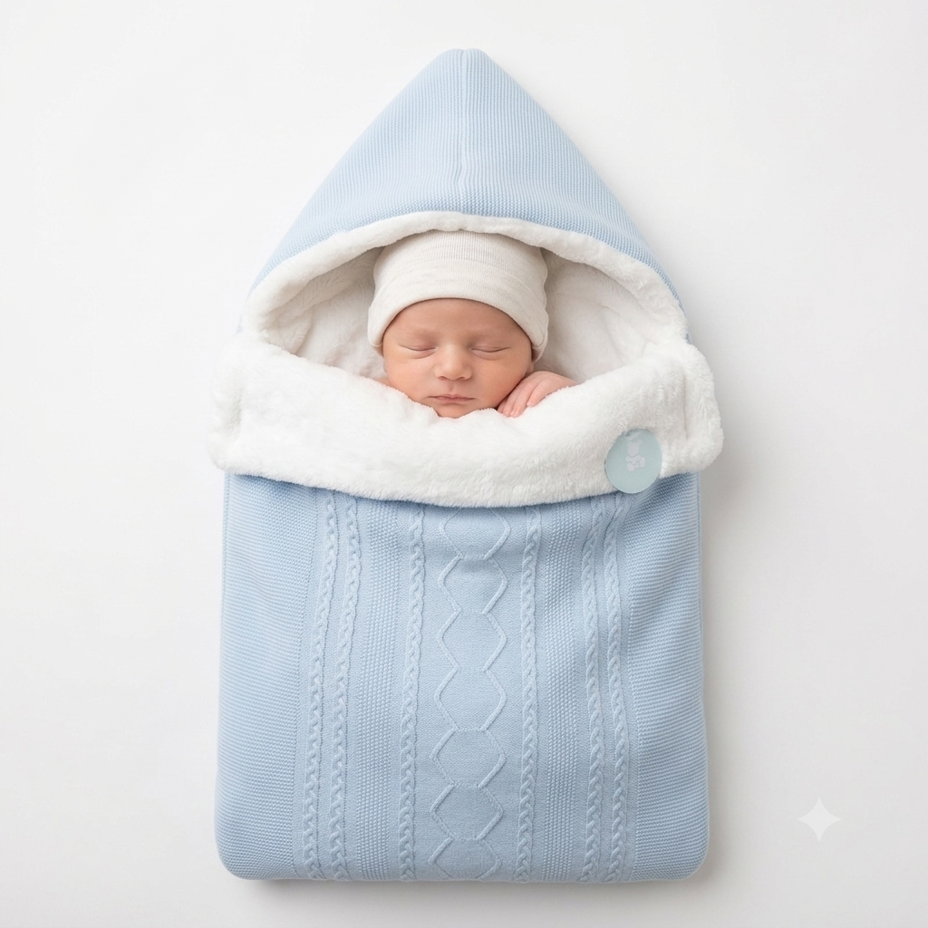 Saco bebe de Punto con Capucha y Forro de Pelo en azul claro