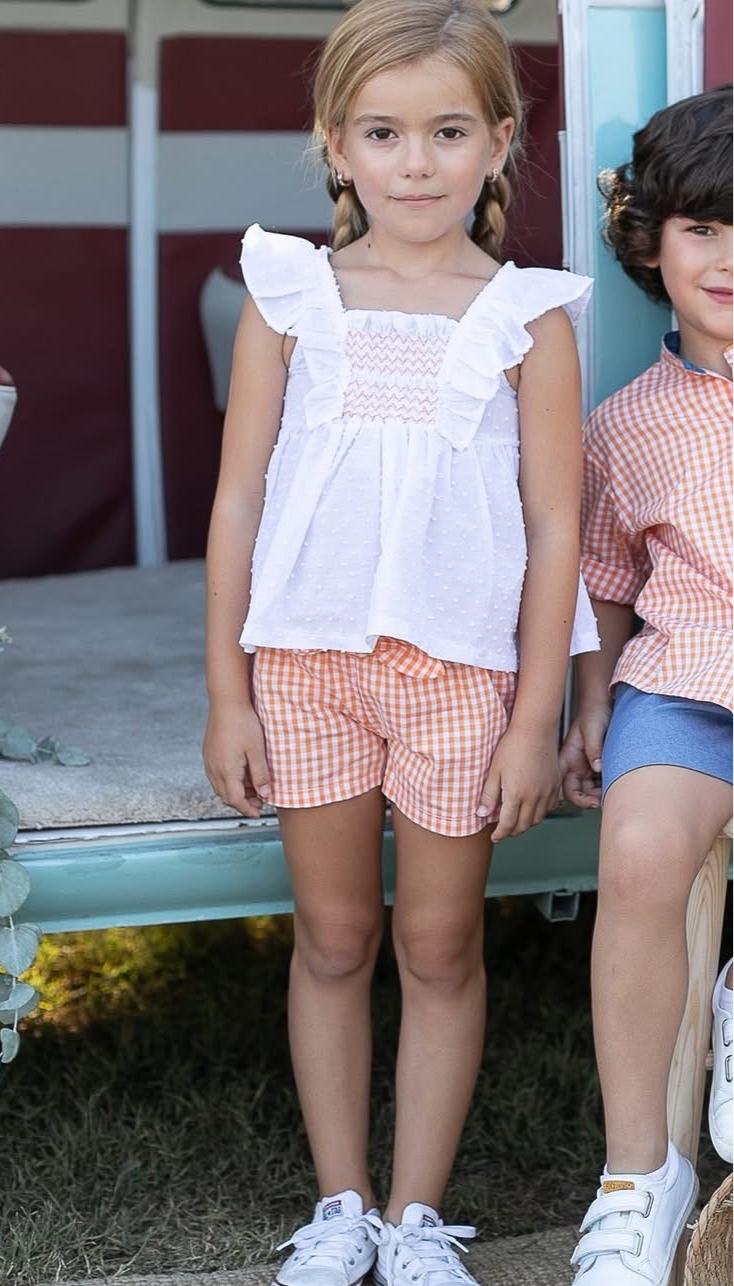 Conjunto niña blusón plumeti blanco y short vichy naranja - Coco Acqua