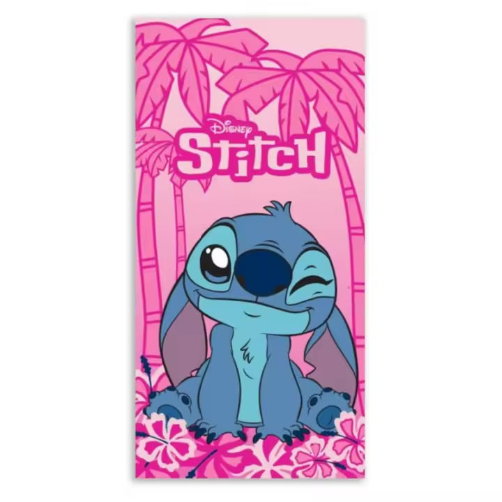 Toalla playa en fucsia con palmeras - Stitch Disney