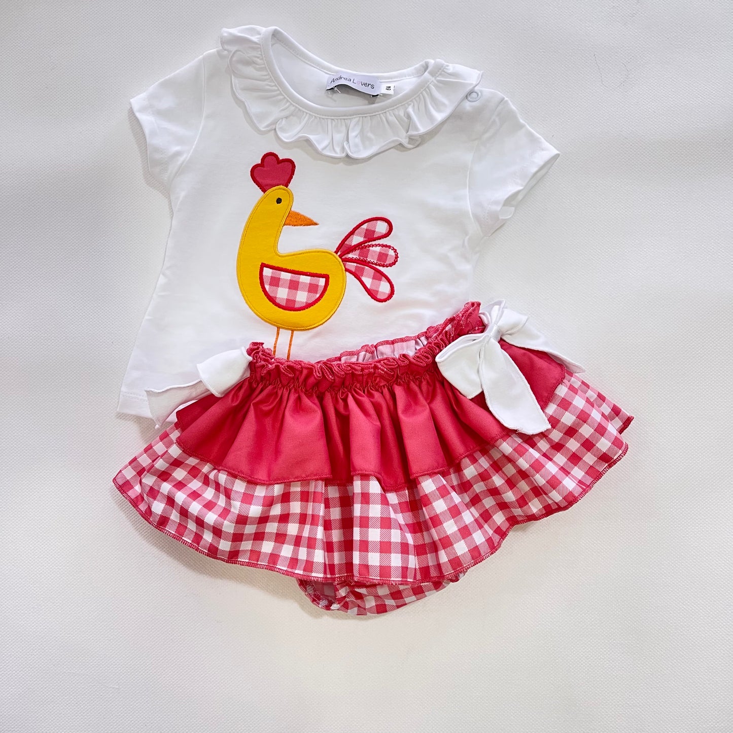 Conjunto bebé niña gallina en coral