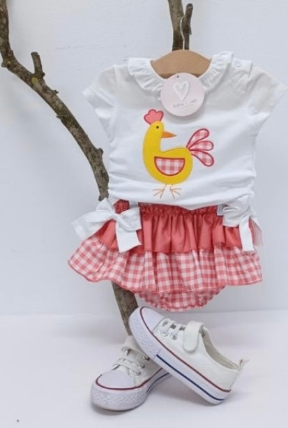 Conjunto bebé niña gallina en coral