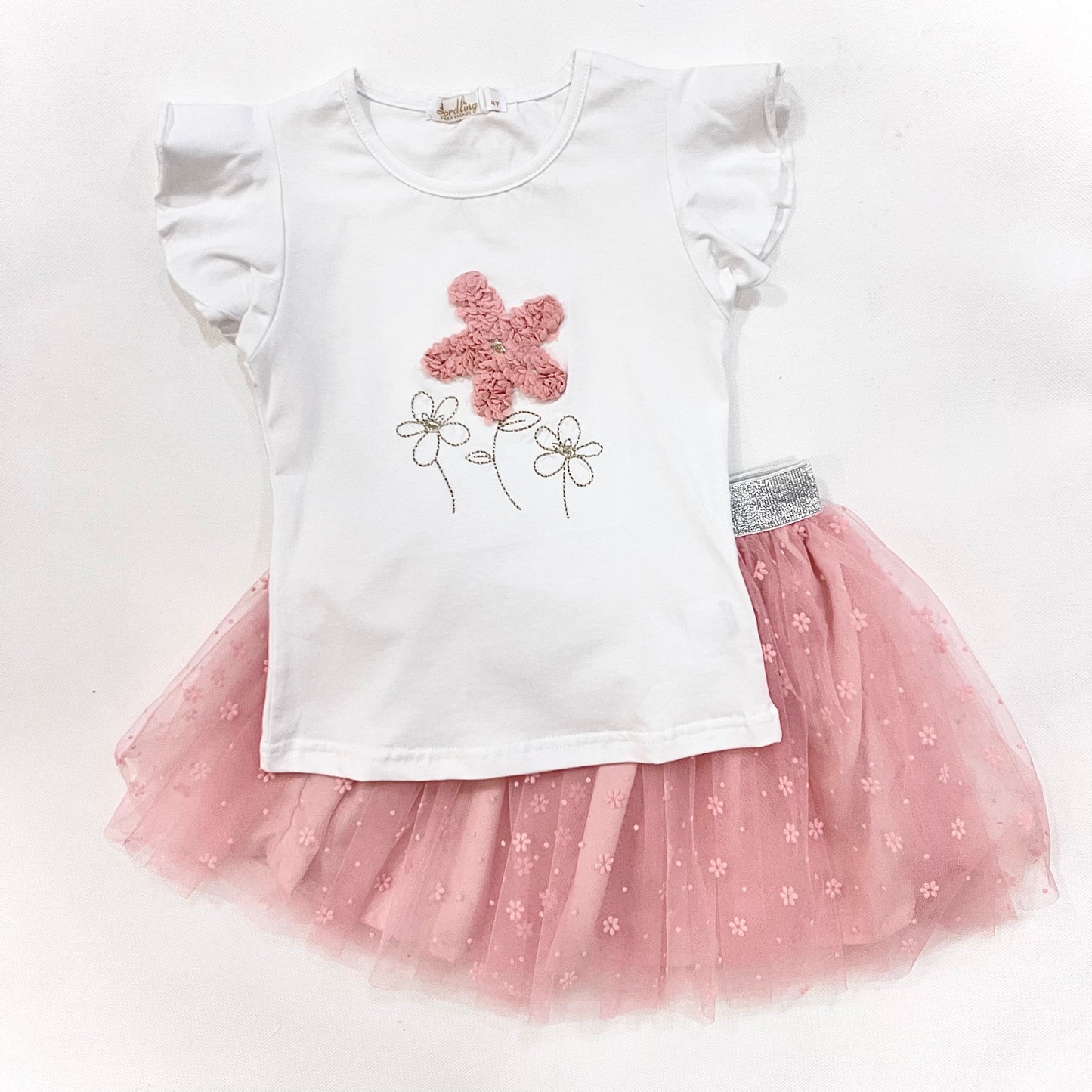 Conjunto niña camiseta blanco y falda en tul verde