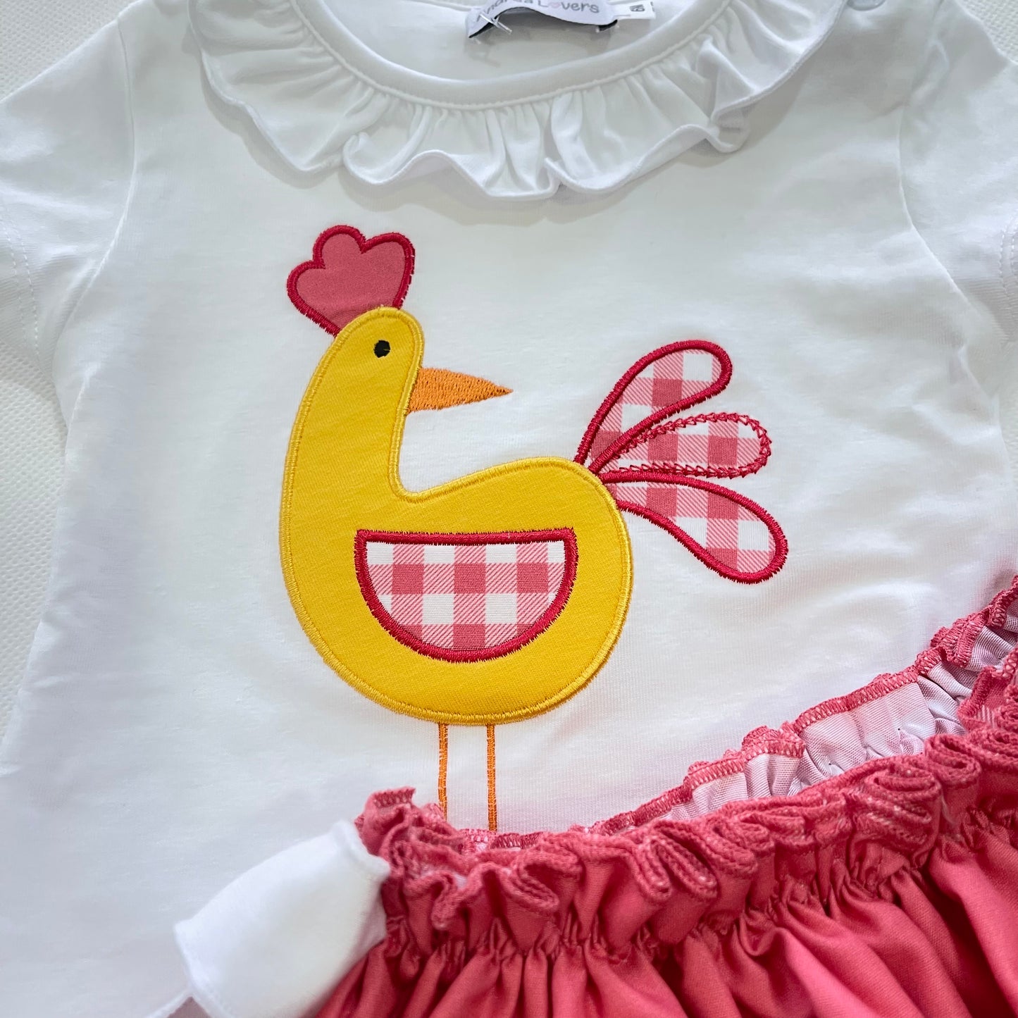 Conjunto bebé niña gallina en coral