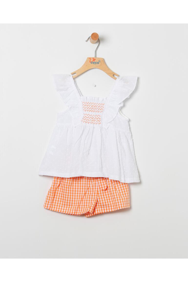 Conjunto niña blusón plumeti blanco y short vichy naranja - Coco Acqua