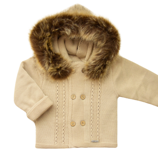 Abrigo punto en camel capucha con pelo - Visi