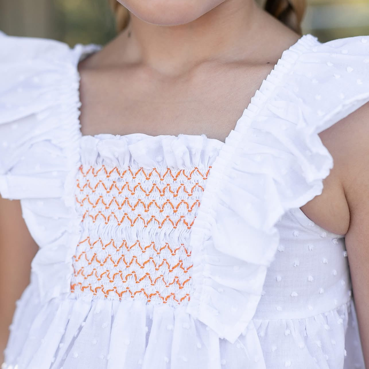 Conjunto niña blusón plumeti blanco y short vichy naranja - Coco Acqua
