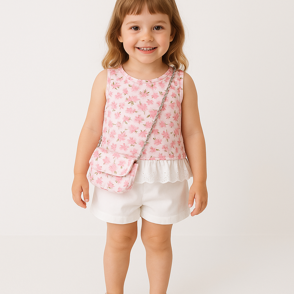 Conjunto niña con blusa estampada, short y bolso - Pronta Moda