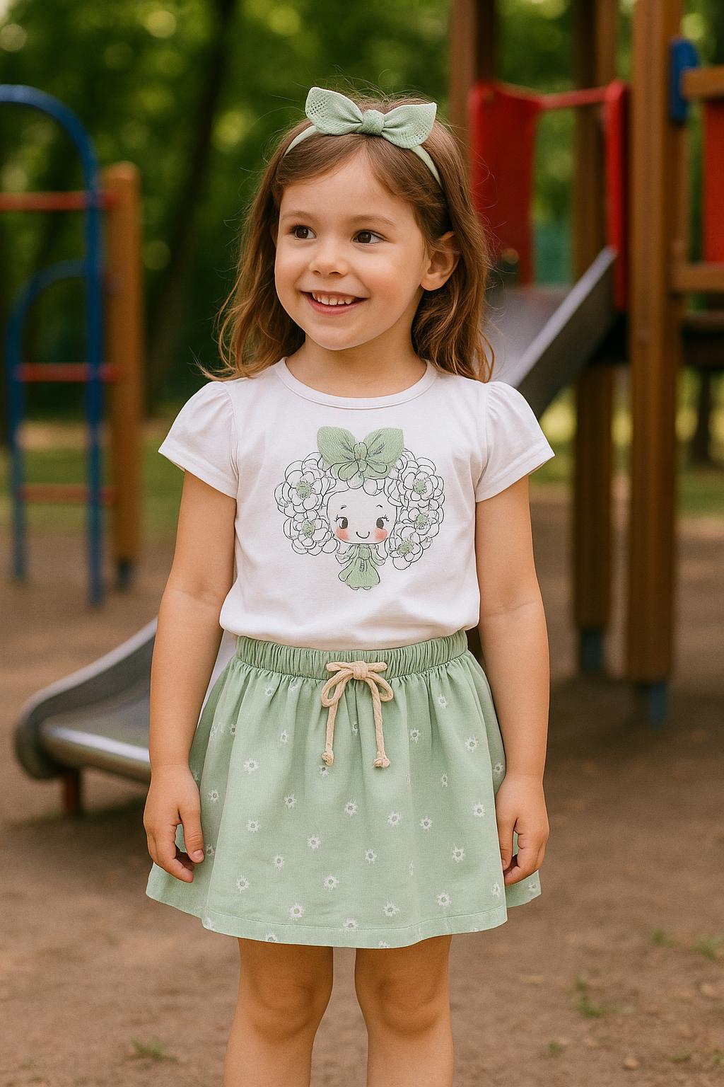 Conjunto de falda con flores verdes, con vuelo y camiseta - Newness