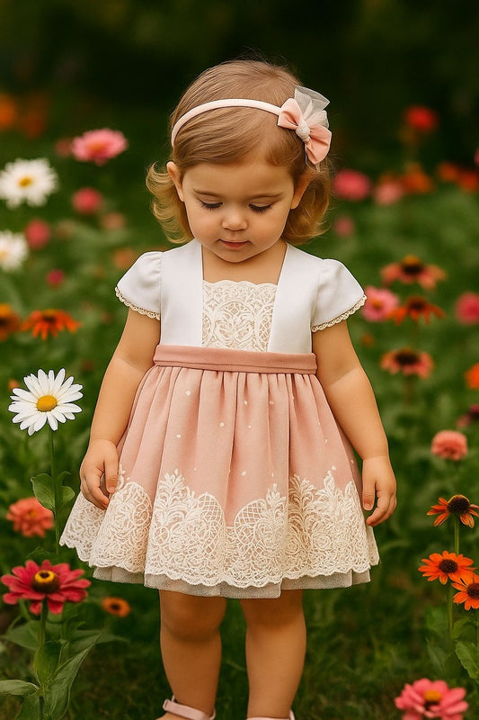 Vestido niña bebé rosa y beige - Basmarti verano 2024