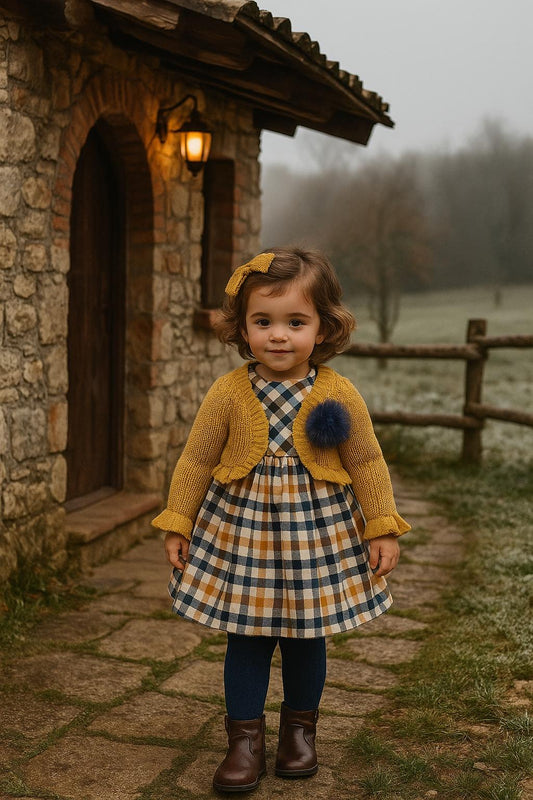 Vestido niña bebé de cuadros con chaqueta mostaza - Basmarti invierno 2022