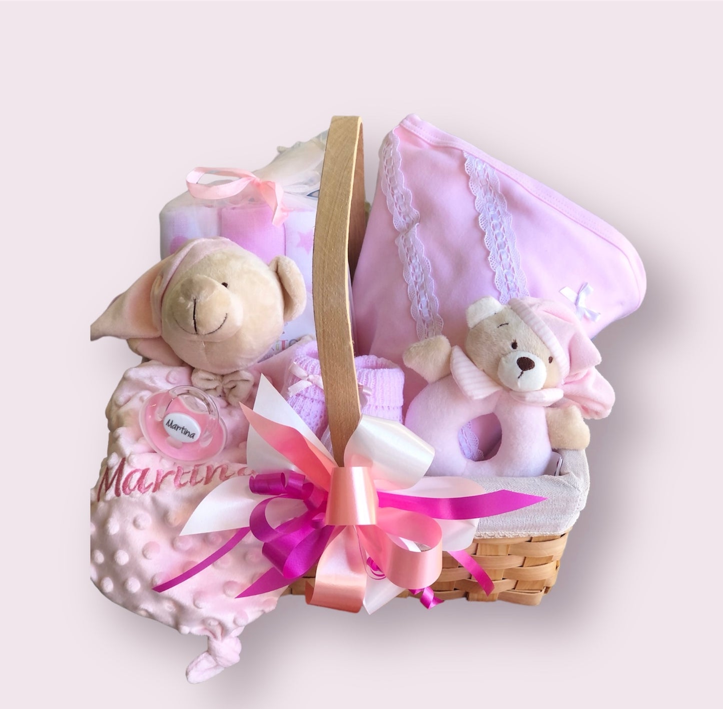 Cesta rosa bebé, con nombre personalizado - Frontal - Moda Infantil Chicle