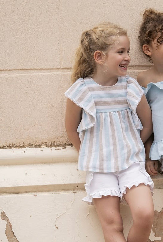 Conjunto de short y blusón en rayas niña en turquesa - Detalle 6 - Moda Infantil Chicle