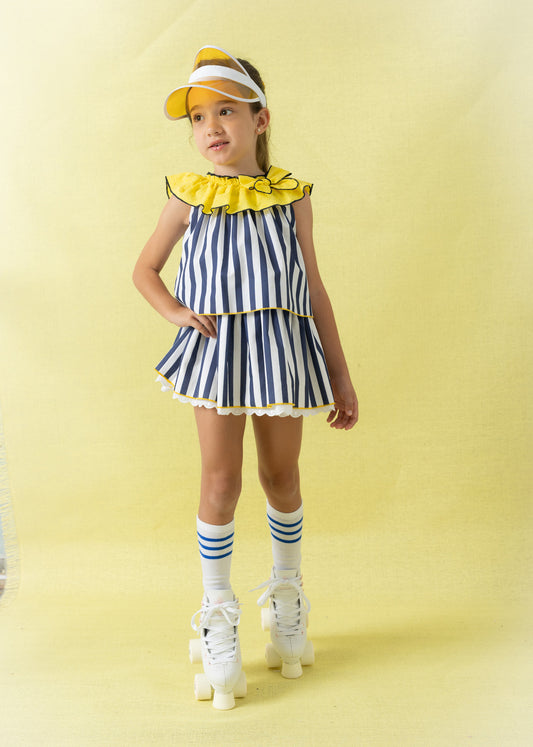 Vestido niña de rayas azul marino y blanco - Cuka verano 2024 - Frontal - Moda Infantil Chicle