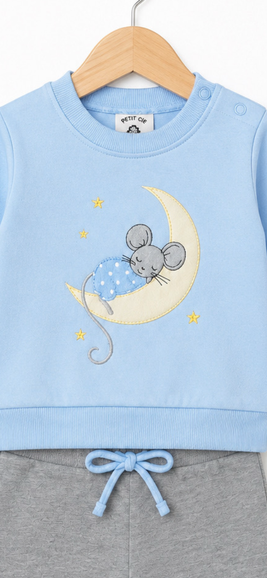 Chándal bebé azul, ratón en la luna