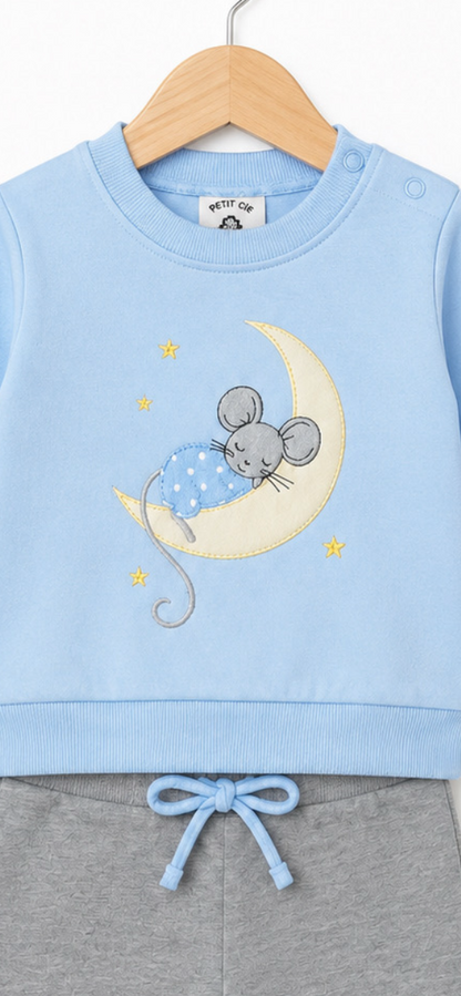 Chándal bebé azul, ratón en la luna