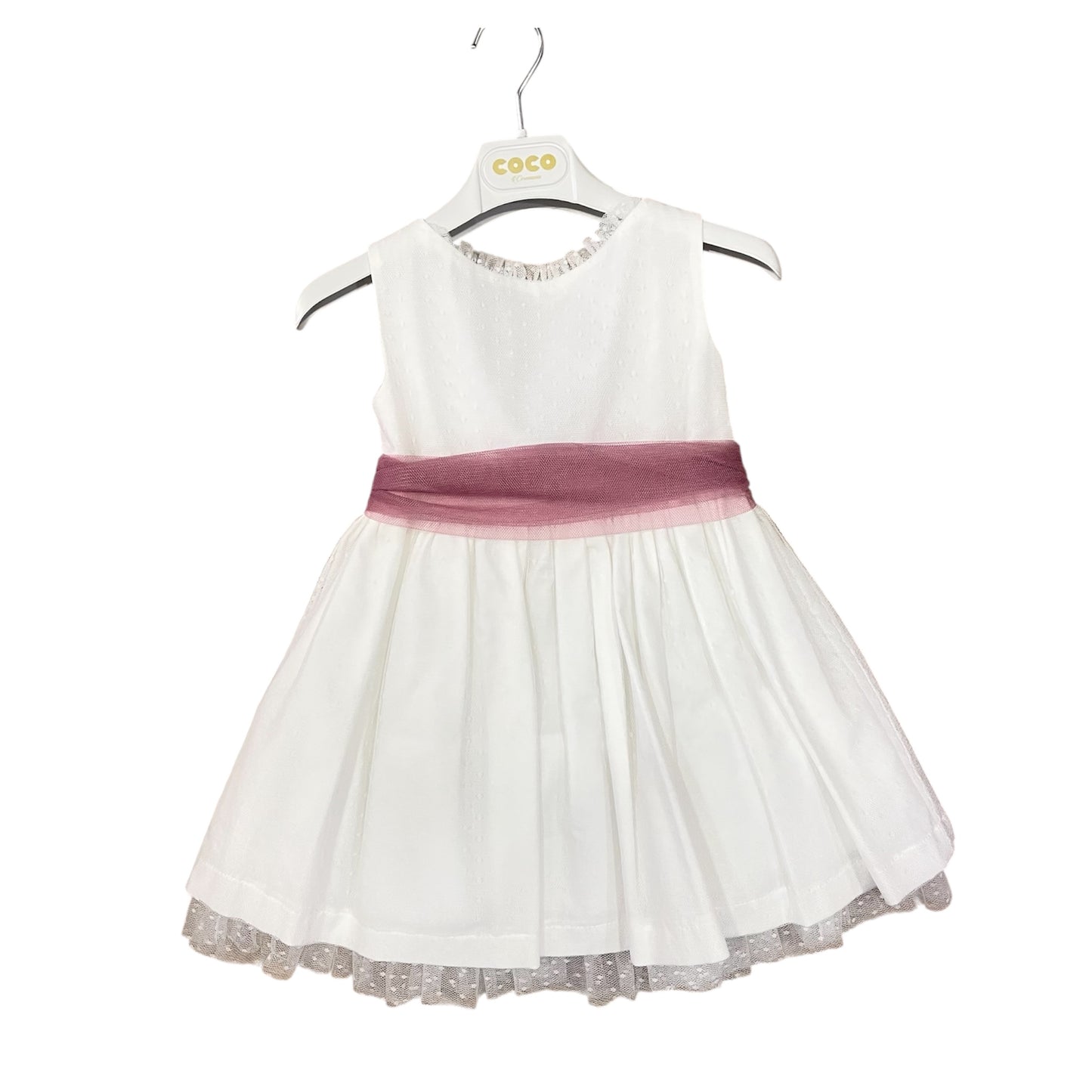 Vestido niña blanco y fajín en rosa fuerte - de Coco Acqua Ceremonia