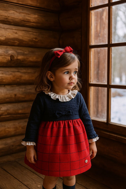 Vestido bebé, cuerpo en punto azul marino y falda cuadros- Basmarti invierno 2022