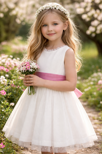 Vestido niña blanco y fajín en rosa fuerte - de Coco Acqua Ceremonia
