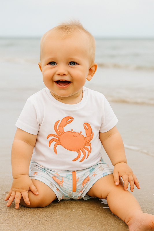 Conjunto baño de niño bebé, cangrejo naranja