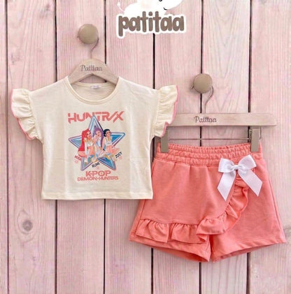 Conjunto falda pantalón con volante en coral - K- Pop