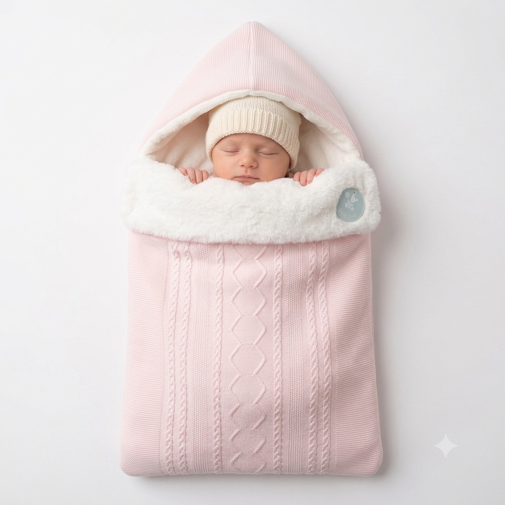 Saco bebe de Punto con Capucha y Forro de Pelo en rosa