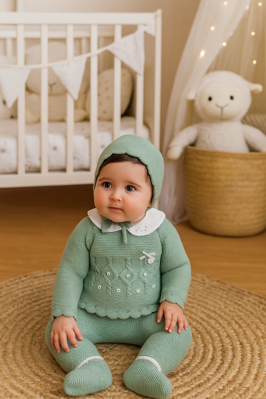Conjunto unisex de lana en verde menta