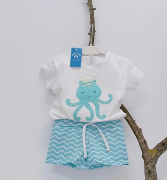 Conjunto baño de bebé niño con pulpo en turquesa