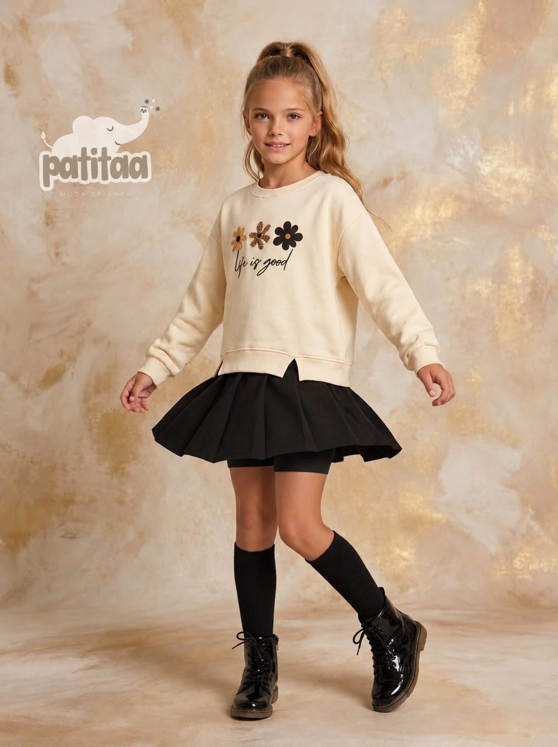 Conjunto flor de niña con falda pantalón-Patitaa - moda infantil-CHICLE 