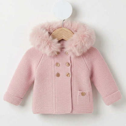 Abrigo de punto, con pelo en capucha, color rosa empolvado - Baby