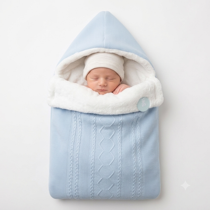 Saco bebe de Punto con Capucha y Forro de Pelo en azul claro