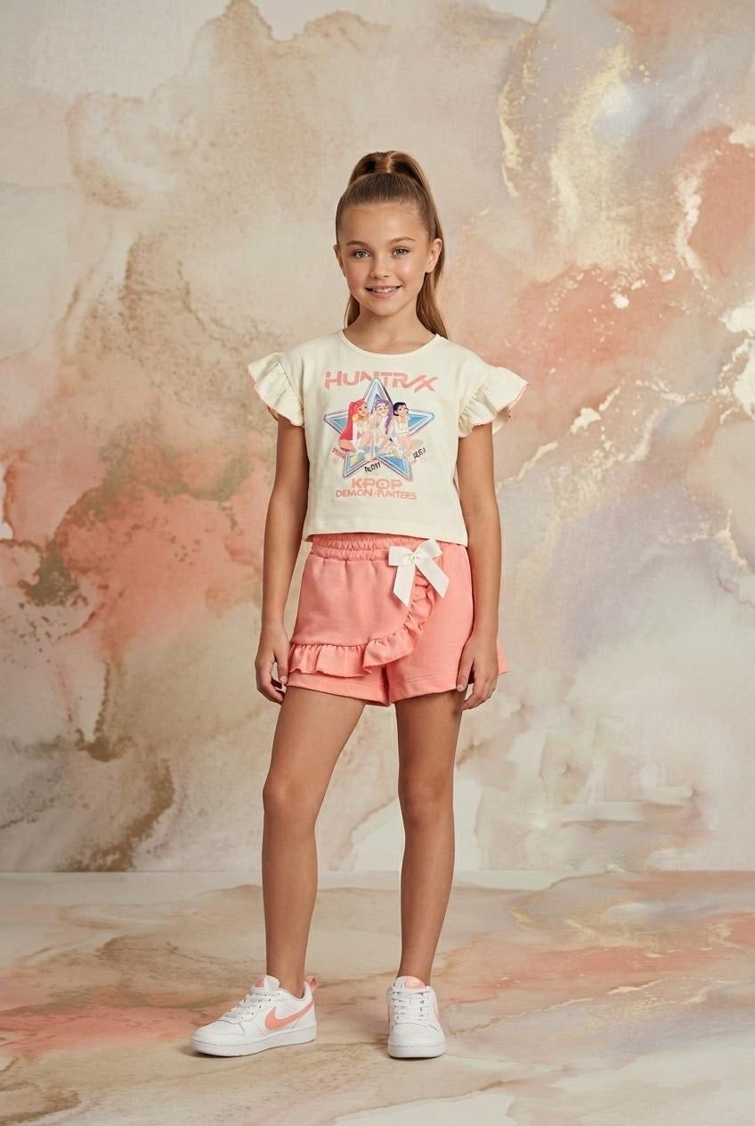 Conjunto falda pantalón con volante en coral - K- Pop
