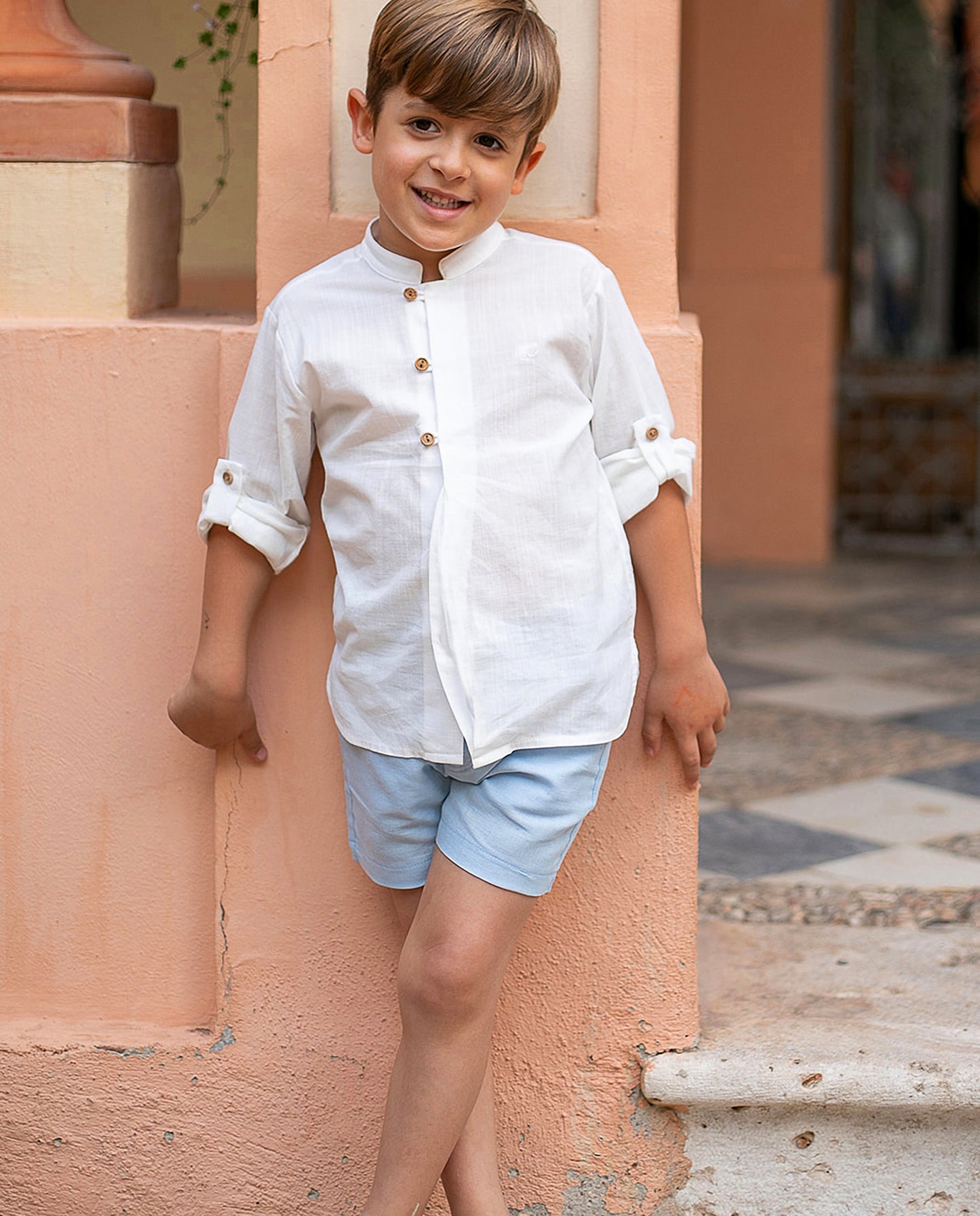 Conjunto niño, camisa + bermuda en azul cielo  - Coco Acqua colección 2025
