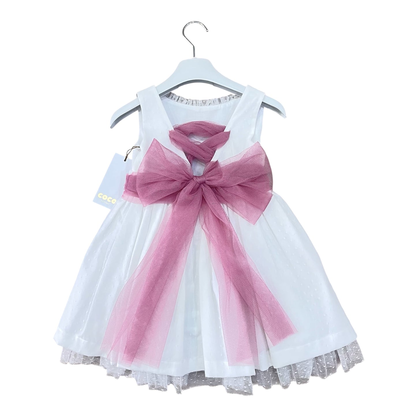 Vestido niña blanco y fajín en rosa fuerte - de Coco Acqua Ceremonia