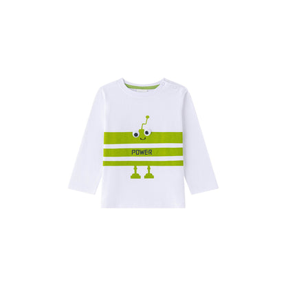 Camiseta bebé blanca con robot en pistacho - Newness invierno 2024