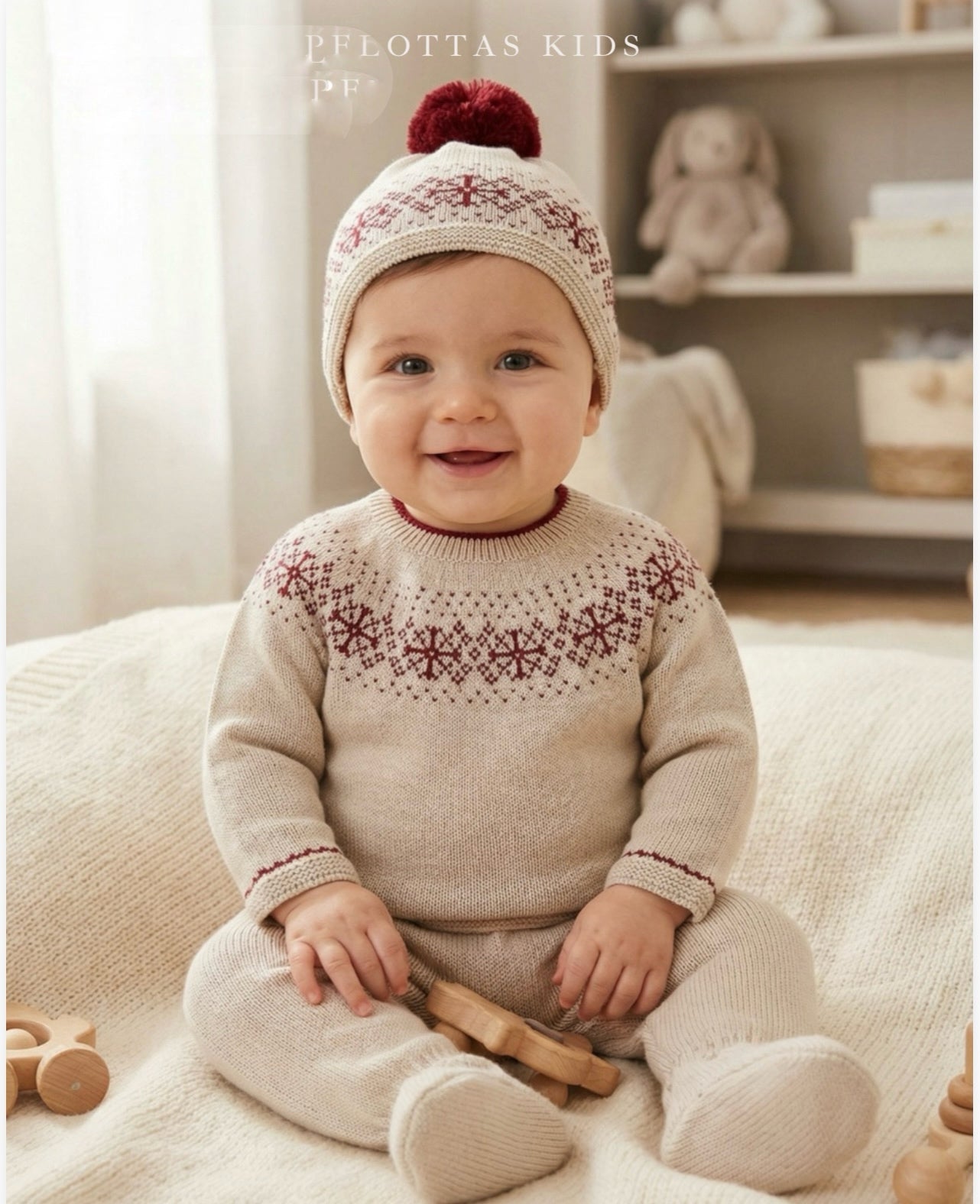 🧶 Conjunto de punto beige con detalles burdeos