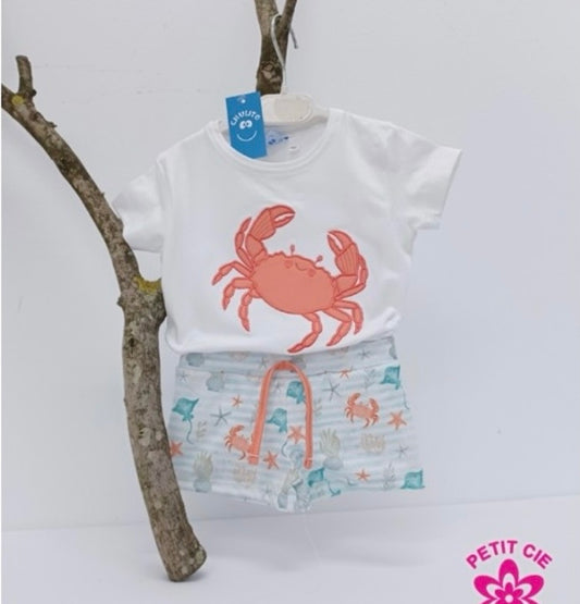 Conjunto baño de niño bebé, cangrejo naranja