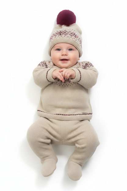 🧶 Conjunto de punto beige con detalles burdeos