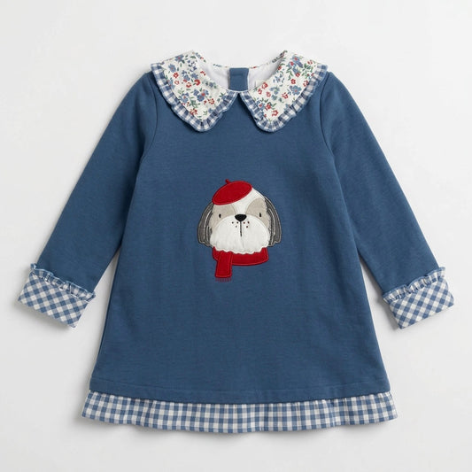 Vestido de niña en azul azafata con perro - Basmarti