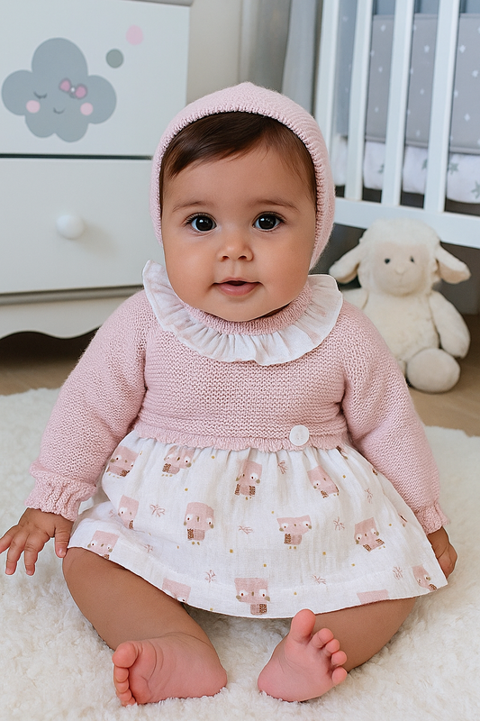 Vestido bebé de lana y tejido de búhos