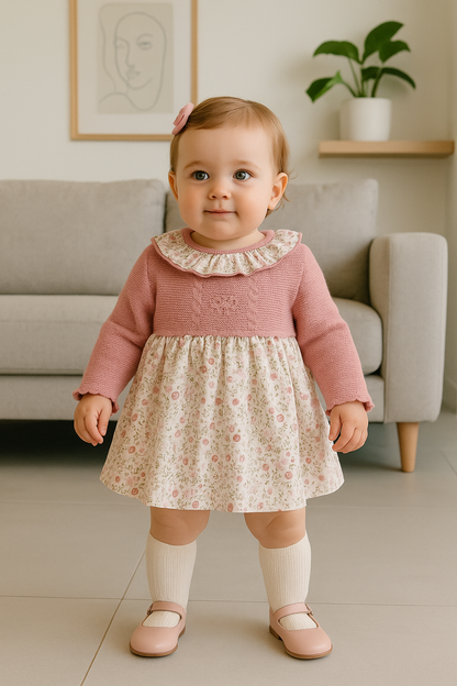Vestido niña con cuerpo en lana en rosa palo