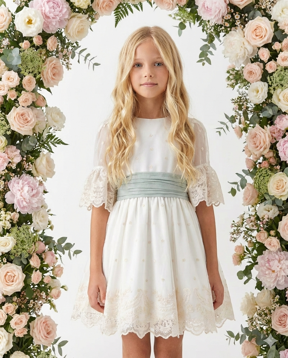 Vestido Ceremonia de niña en plumeti, con lazada verde empolvado - Coco Acqua 2025