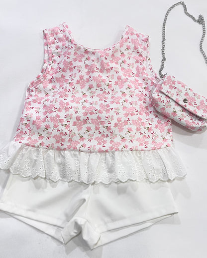 Conjunto niña con blusa estampada, short y bolso - Pronta Moda