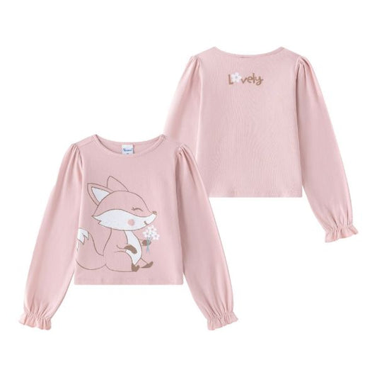 Camiseta niña rosa con zorrito con flores - Newness