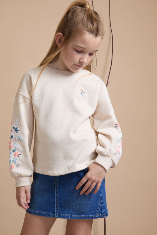 Sudadera niña con flores en manga - Newness invierno